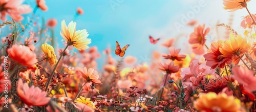 A summer day dream A butterfly glides gracefully over a field of wildflowers bathed in warm sunlight. photo