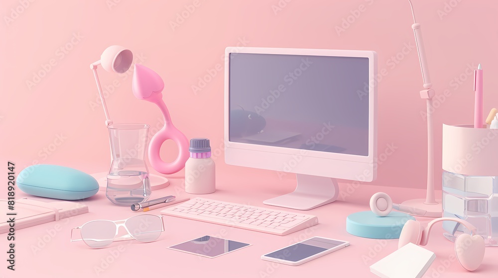 A sleek pastel themed modern workspace setup A sleek pastel themed modern workspace setup