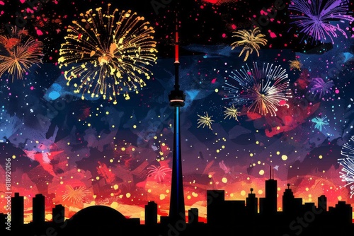 Silhouette skyline of the CN Tower in Toronto against a backdrop of colourful sky and fireworks celebrating Canada Day