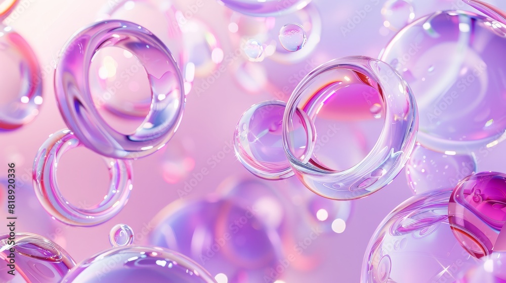 Abstract illustration of translucent bubbles in pink and purple hues, creating a dreamy and whimsical atmosphere. Concept of fantasy, lightness, and imagination.

