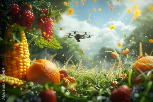 Smart farming solutions with isometric fruit farming using drone technology for agricultural automation and robotic drones in colorful flower farming.