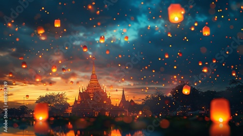 Traditional lanterns floating in the night sky with a temple silhouette, ideal for celebrating Visakha Bucha Day.