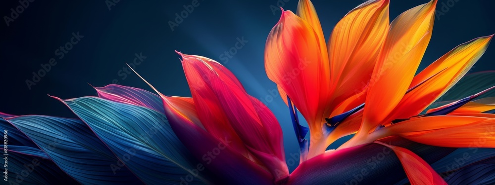 A close-up of a vibrant bird of paradise flower with its unique shape and bright colors. A close-up of a vibrant bird of paradise flower with its unique shape and bright colors.