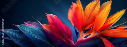 A close-up of a vibrant bird of paradise flower with its unique shape and bright colors.