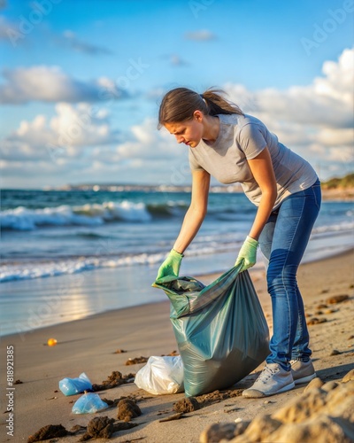Volunteer Cleaning Beach – 4:5: A volunteer picking up trash on a beach, emphasizing environmental conservation and cleanliness.
