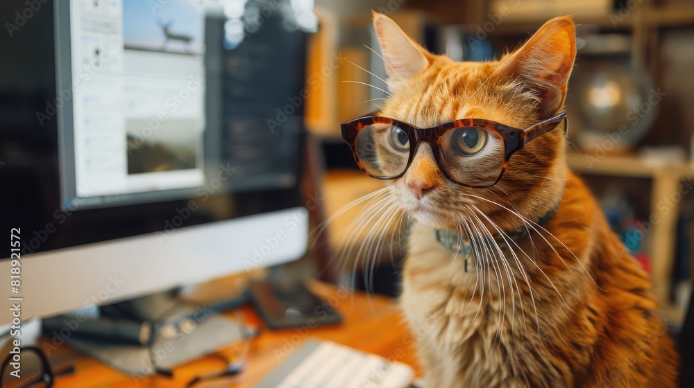 adorable cat wearing oversized glasses, perched on a desk while looking at a computer screen, with a cluttered office space behind. adorable cat wearing oversized glasses, perched on a desk while looking at a computer screen, with a cluttered office space behind.