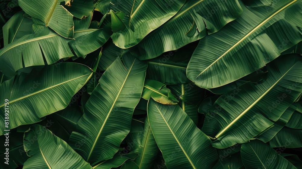 Obraz premium array of banana leaves overlapping, providing a textured and dynamic green background with a fresh, natural look.