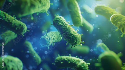 Close-up of green bacteria under a microscope, highlighting microbiology and scientific research. Concept of science, microbiology, and research. 