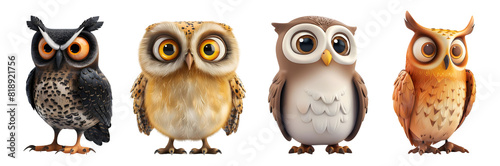 3D Rendering Pack of a Owl with Big Eyes on Transparent Background - Ai Generated
