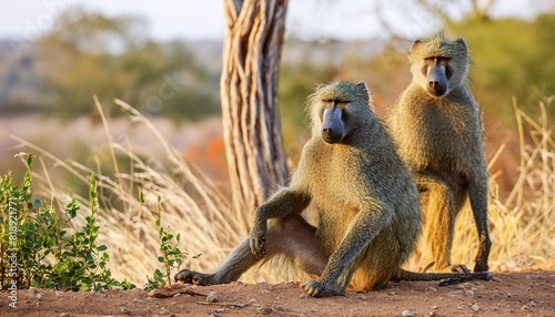 chacma baboons papio ursinus also known as the cape baboon hanging around in mashatu game reserve in the tuli block in botswana photo
