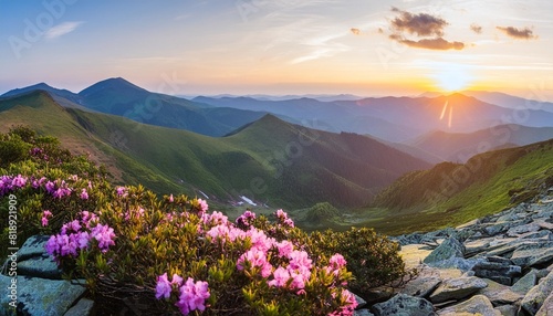 beautiful sunset in the spring mountains view of hills covered with fresh blossom rododendrons panoramic landscape