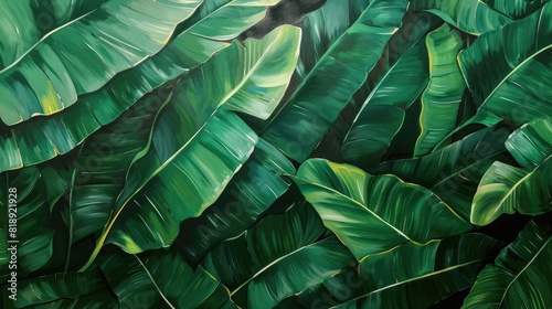 backdrop of overlapping banana leaves, creating a vibrant and tropical feel with varying shades of green.