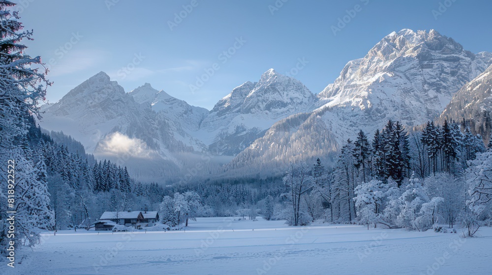 A serene winter scene with snow-clad trees, mountains in the background, and a small chalet