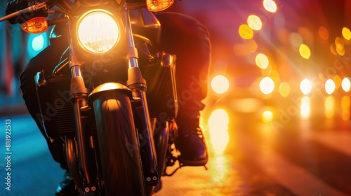 Close-up of a motorcycle headlight with glowing bokeh lights in the background on an urban street during night time photo