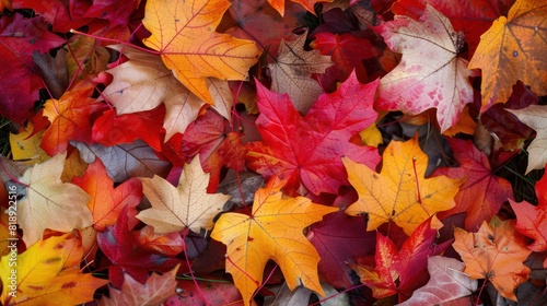 A colorful assortment of fallen autumn leaves  showcasing a range of red  orange  and yellow hues