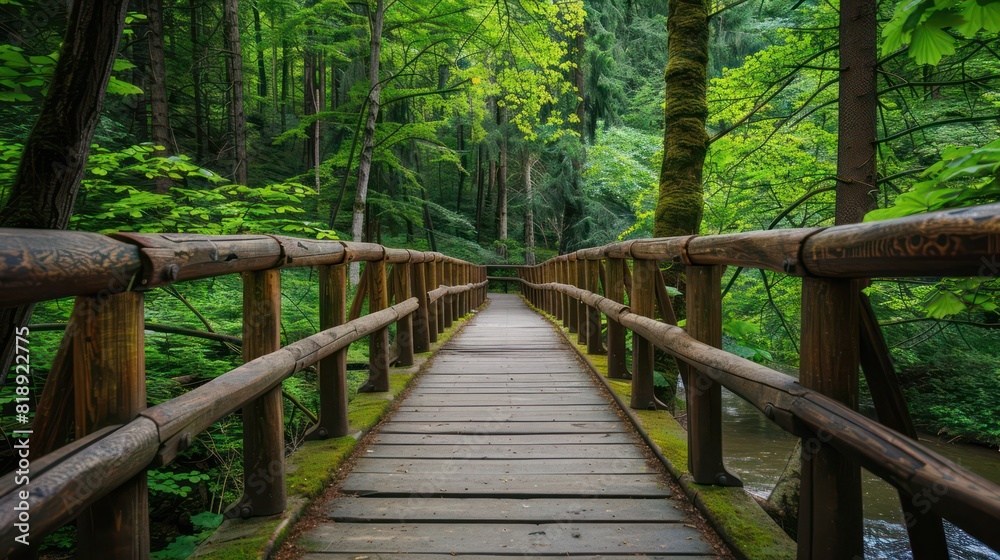 A tranquil wooden footbridge stretches across a peaceful area with vibrant green foliage in a dense forest setting A tranquil wooden footbridge stretches across a peaceful area with vibrant green foliage in a dense forest setting