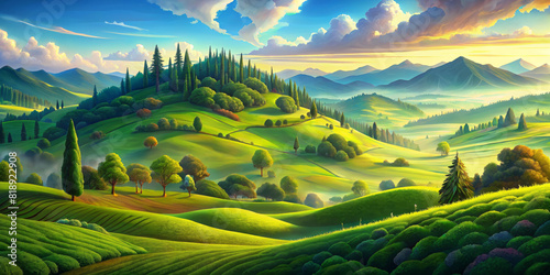 Vibrant rolling hills and lush greenery dominate the landscape under a clear, sunny sky. Towering trees and neatly arranged rows of bushes add to the bucolic charm of the serene vista.AI generated.