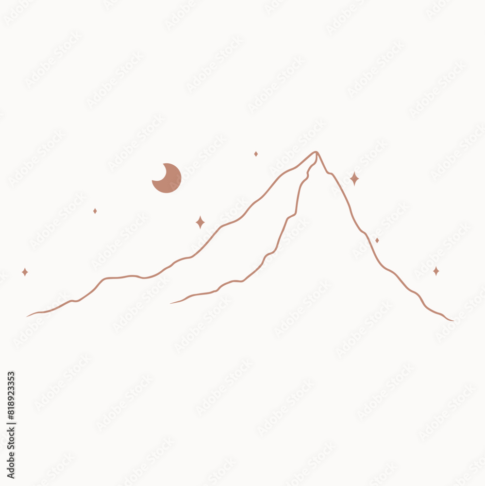 Line art mountains with stars and moon, cute minimalist boho vector art Line art mountains with stars and moon, cute minimalist boho vector art