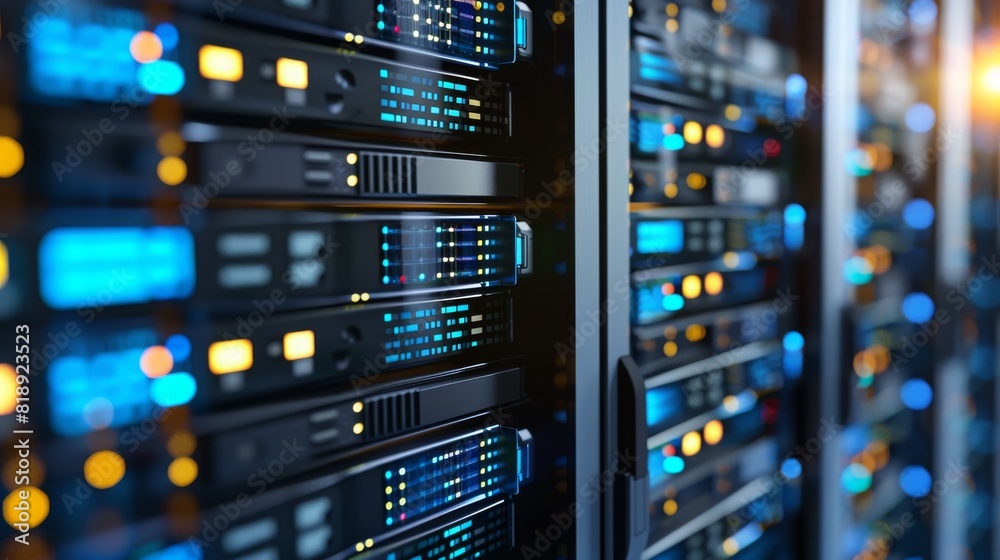 Server racks in a data center with blinking lights, showcasing advanced technology and digital infrastructure. Concept of IT, data storage, and network.
Server racks in a data center with blinking lights, showcasing advanced technology and digital infrastructure. Concept of IT, data storage, and network.