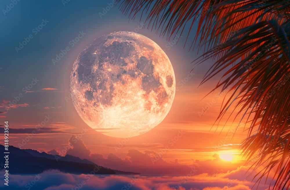 Fototapeta premium The moon is above the clouds with palm trees at sunset.