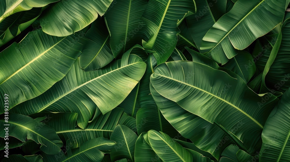 Obraz premium Multiple banana leaves layered together, creating a lush, green background with a tropical ambiance.