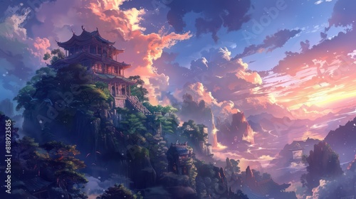 A picturesque digital painting of an oriental temple perched atop a hill with a vibrant sunset and cascading clouds in the background