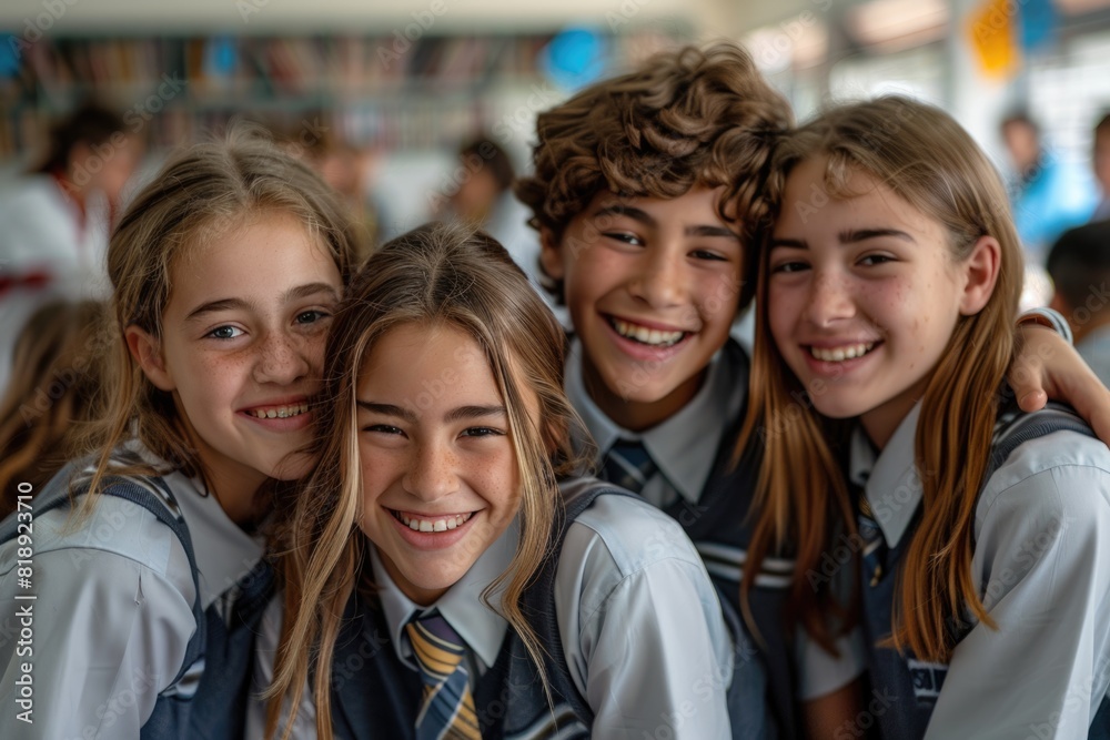 Obraz premium group of 4 smiling teenage students wearing uniform standing in classroom. ai generated