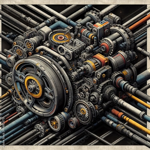Hyper-detailed illustration of a complex mechanical engine with gears, pipes, and intricate components.. AI Generation © Anastasiia