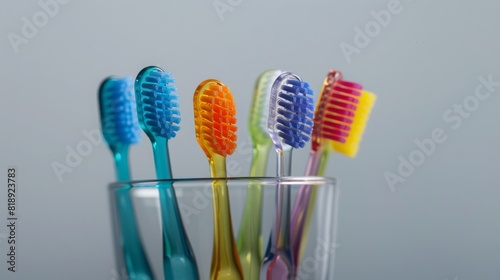 Colorful toothbrushes in a glass against a plain background  emphasizing oral hygiene and daily care. Concept of health  cleanliness  and routine. 