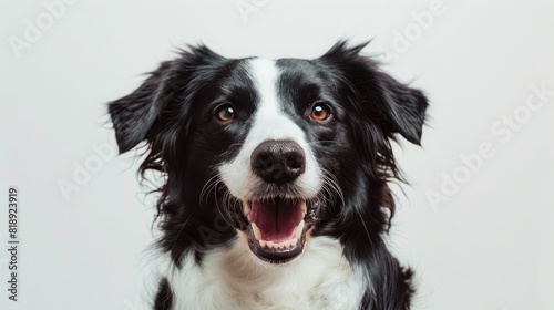 playful dog grinning widely, positioned against a white background, showcasing its friendly and affectionate nature.