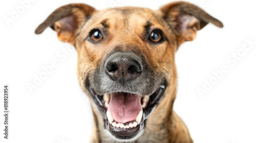 playful dog grinning widely  positioned against a white background  showcasing its friendly and affectionate nature.