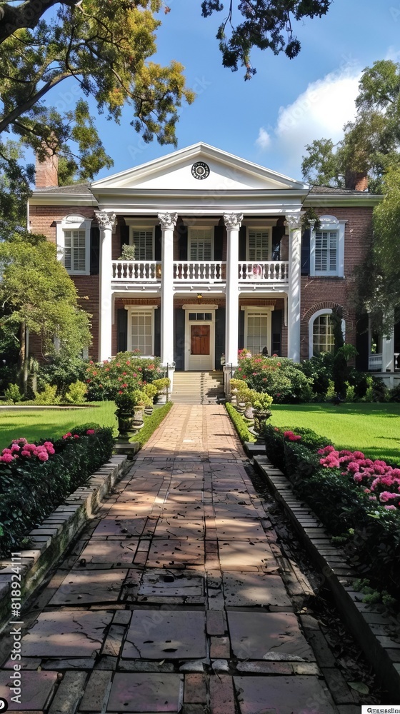 A colonialera brick mansion with large white columns and a wraparound porch, set in a manicured garden