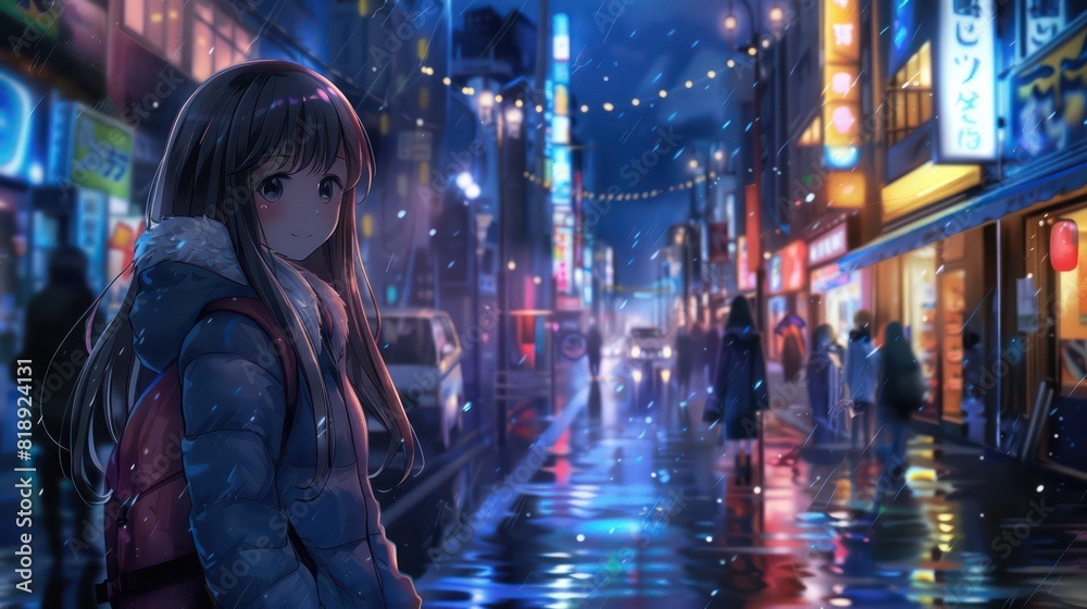 A blurred face individual stands on a wet urban street illuminated by neon signs and streetlights, reflecting in puddles