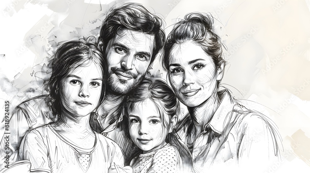 Artistic one-line sketch of a family portrait. Artistic one-line sketch of a family portrait.