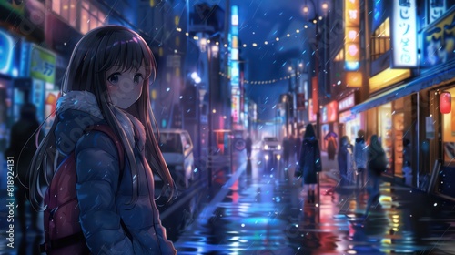 A blurred face individual stands on a wet urban street illuminated by neon signs and streetlights  reflecting in puddles