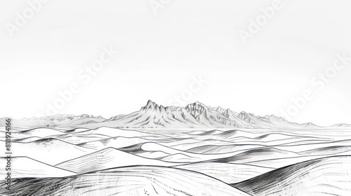 A detailed black and white sketch depicting a serene mountain range with undulating hills in the foreground