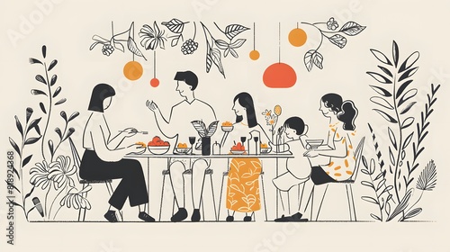 Elegant one-line art depicting a family gathered around a table.