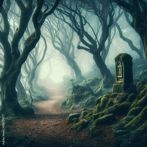 Mysterious misty forest path  victorian era romantic stories  austere romanticism