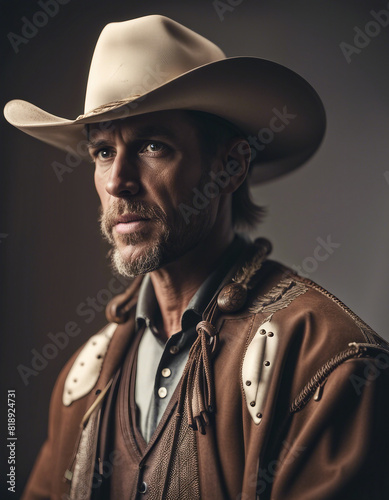 portrait of an American cowboy in traditional clothes, isolated white background 