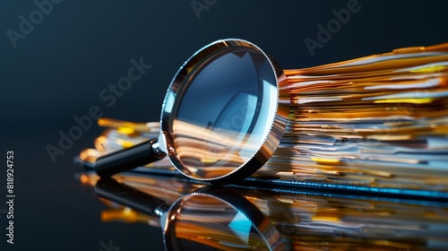Magnifying glass over a stack of digital documents, symbolizing research and data analysis. Concept of research, data, and analysis.
