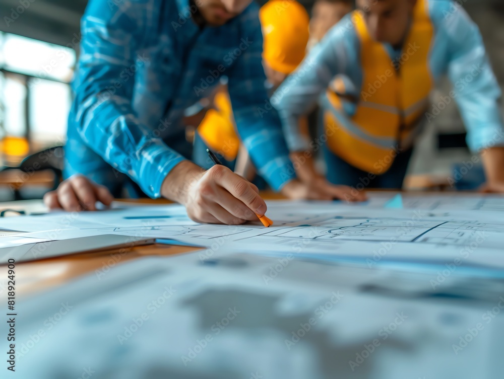 A professional setting with a team gathered around a large table, reviewing documents and planning a new project A professional setting with a team gathered around a large table, reviewing documents and planning a new project