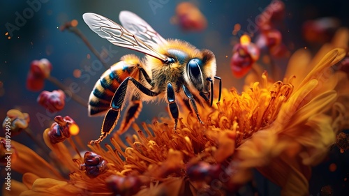 Honey bee sitting on hexagon patterned honeycomb. selective focus. Generative AI, photo