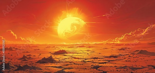 A desert landscape with a cracked earth surface stretching towards the horizon under a scorching sun
