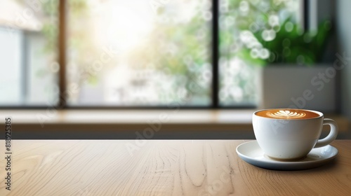 A warm cup of coffee with latte art sits on a wooden table against a blurred background with a window view