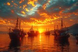 A bustling harbor at sunset, where sailboats and fishing vessels return with their catches, their silhouettes against the colorful sky