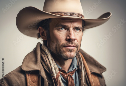 portrait of an American cowboy in traditional clothes, isolated white background 