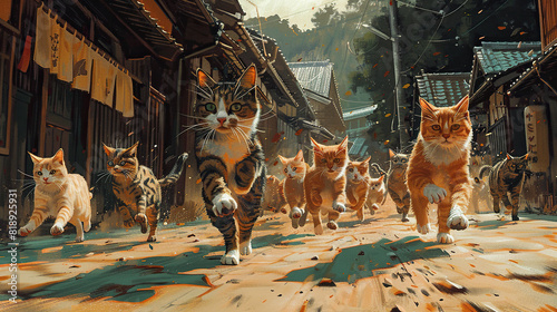 group of cats walking in street  background photo