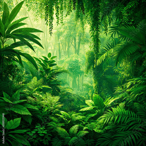 A lush  green jungle filled with various types of plants and trees  creating a dense and vibrant forest environment.
