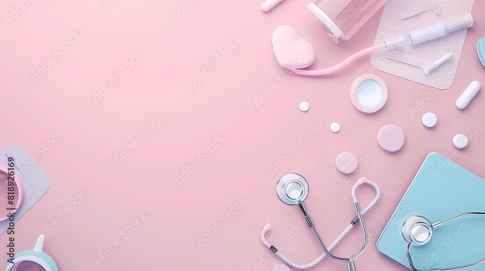 Medical equipment and pills on a pink background