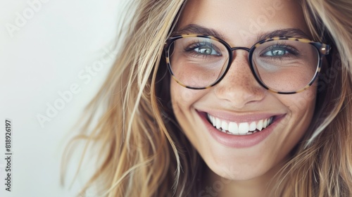 Close-up portrait of a young woman with blonde hair and glasses, smiling brightly with natural light on her face, exemplifying confidence and happiness. Concept of beauty, confidence, and joy. 